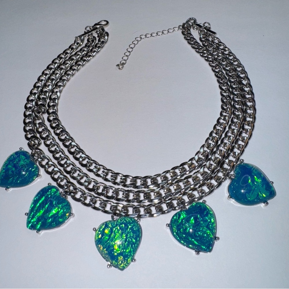 Urban Outfitters Bold Silver Blue/Green Glowing Multi-Strand Necklace, NEW